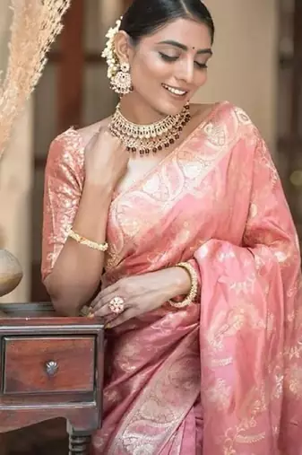 Peach silk blend banarasi saree with unstitched blouse piece