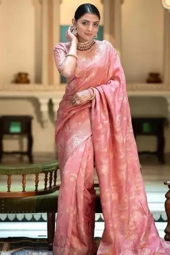 Peach silk blend banarasi saree with unstitched blouse piece