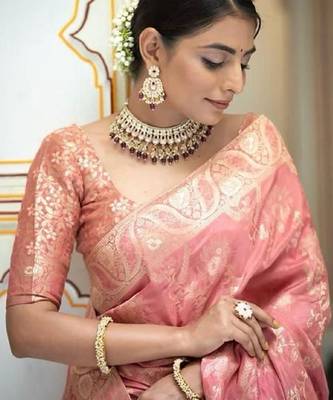 Peach silk blend banarasi saree with unstitched blouse piece 1