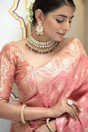 Peach soft silk blend banarasi jacuard work designer party wear saree with unstitched blouse piece