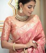Peach silk blend banarasi saree with unstitched blouse piece