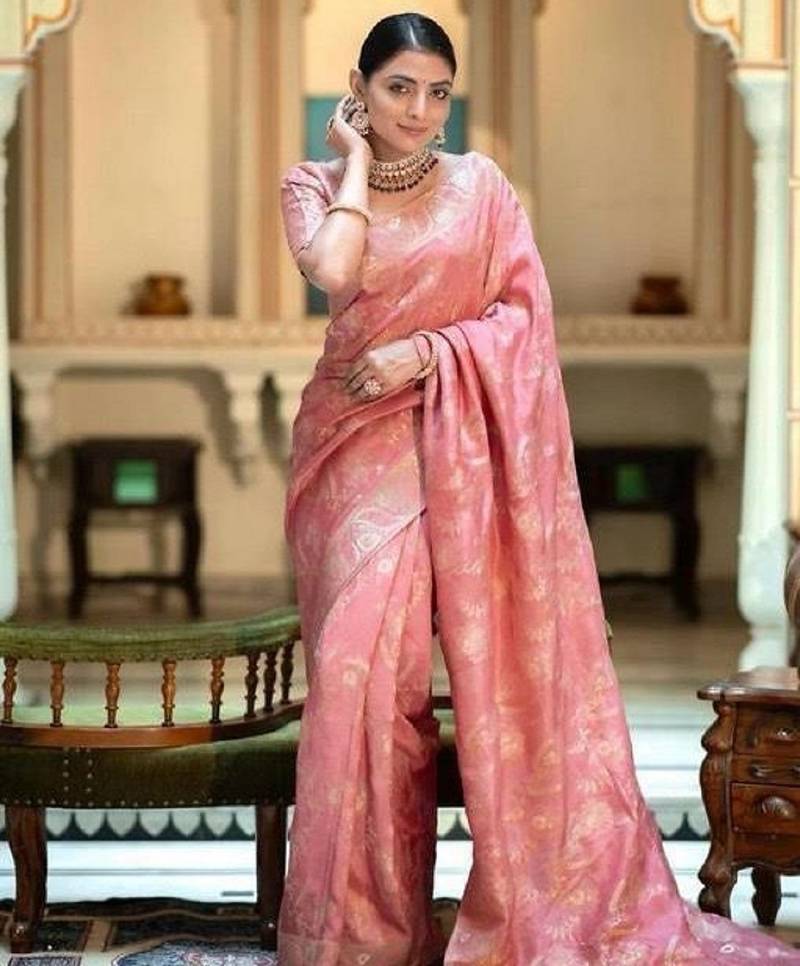 Peach soft silk blend banarasi jacuard work designer party wear saree with unstitched blouse piece