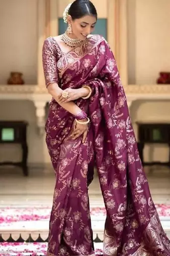 Dark wine soft silk blend banarasi jacuard work designer party wear saree with unstitched blouse piece