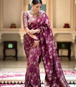 Dark wine soft silk blend banarasi jacuard work designer party wear saree with unstitched blouse piece