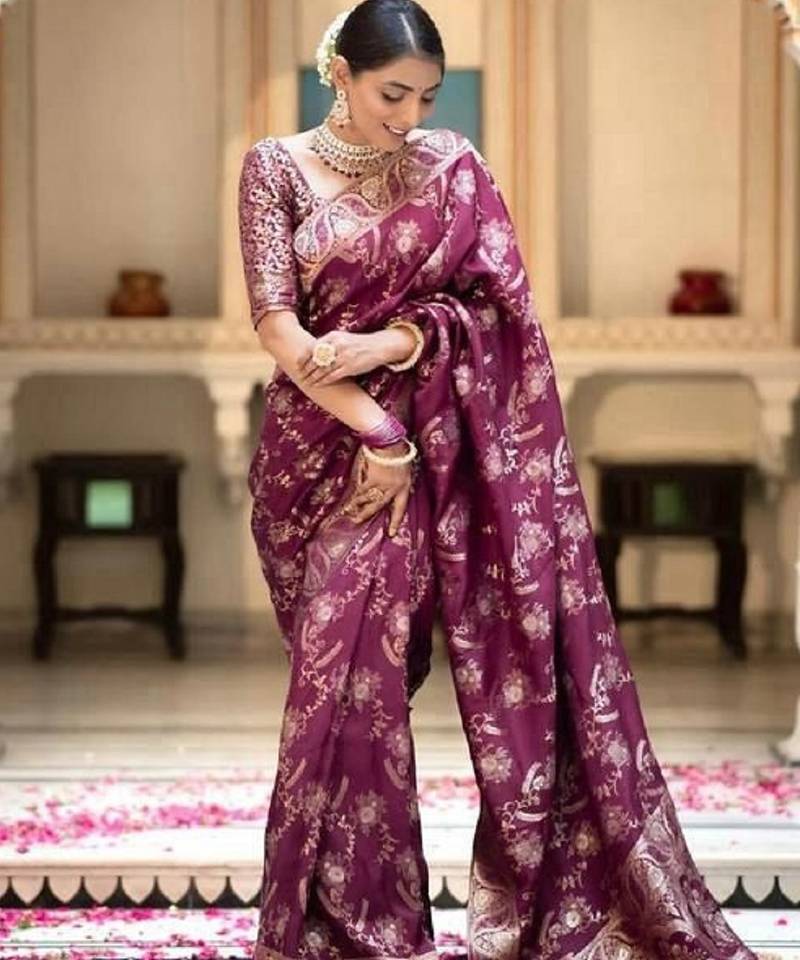 Dark wine soft silk blend banarasi jacuard work designer party wear saree with unstitched blouse piece