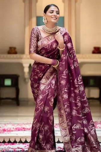 Dark wine silk blend banarasi saree with unstitched blouse piece