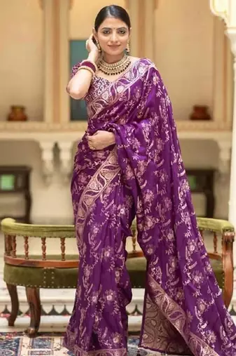Dark wine silk blend banarasi saree with unstitched blouse piece