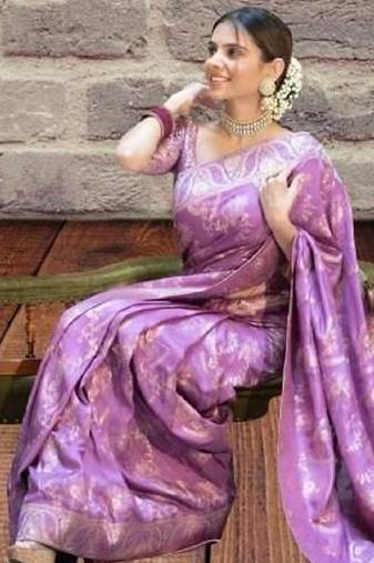 Lavender soft silk blend banarasi jacuard work designer party wear saree with unstitched blouse piece