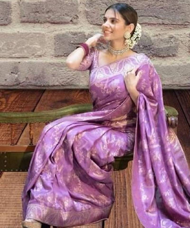 Lavender soft silk blend banarasi jacuard work designer party wear saree with unstitched blouse piece