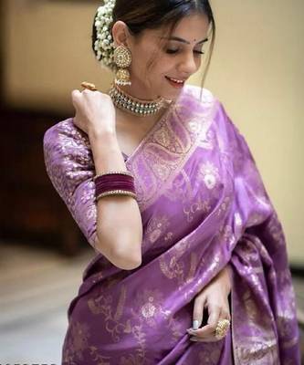 Lavender silk blend banarasi saree with unstitched blouse piece 1