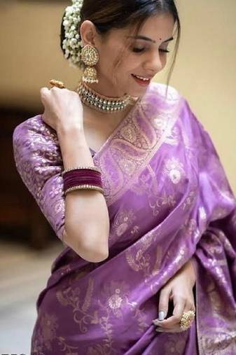 Lavender soft silk blend banarasi jacuard work designer party wear saree with unstitched blouse piece
