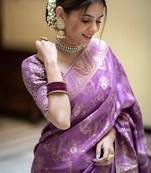 Lavender silk blend banarasi saree with unstitched blouse piece