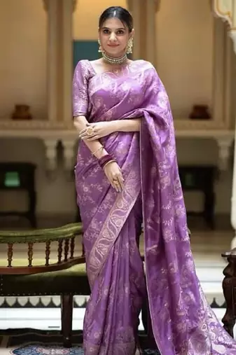 Lavender silk blend banarasi saree with unstitched blouse piece