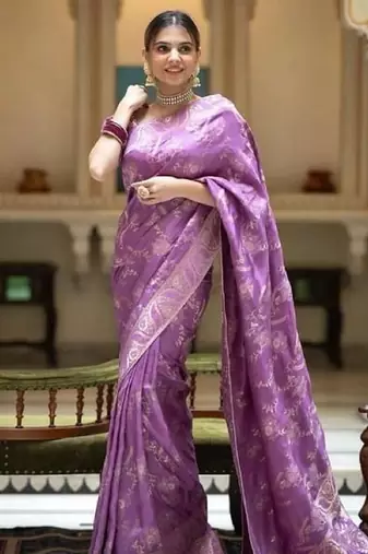 Lavender silk blend banarasi saree with unstitched blouse piece