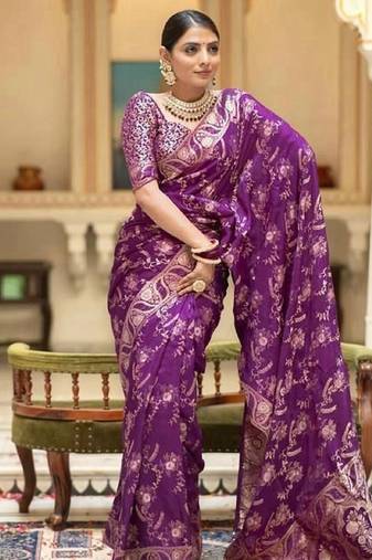 Light wine soft silk blend banarasi jacuard work designer party wear saree with unstitched blouse piece