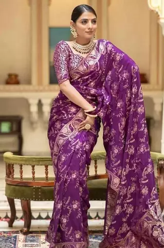 Light wine silk blend banarasi saree with unstitched blouse piece