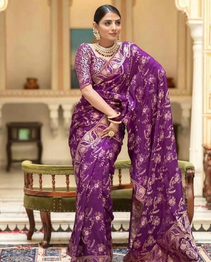 Light wine soft silk blend banarasi jacuard work designer party wear saree with unstitched blouse piece