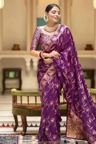Light wine silk blend banarasi saree with unstitched blouse piece