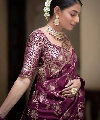 Light wine silk blend banarasi saree with unstitched blouse piece 1
