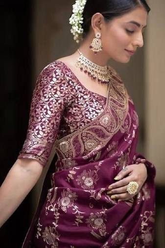Light wine soft silk blend banarasi jacuard work designer party wear saree with unstitched blouse piece