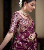 Light wine soft silk blend banarasi jacuard work designer party wear saree with unstitched blouse piece