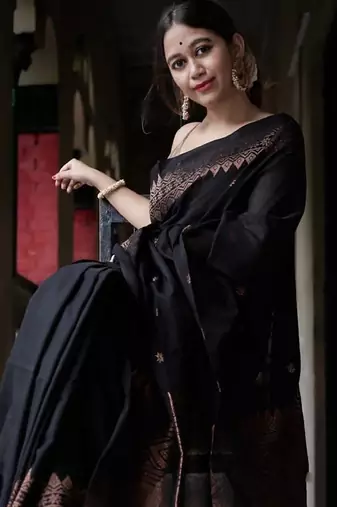 Black silk blend banarasi saree with unstitched blouse piece