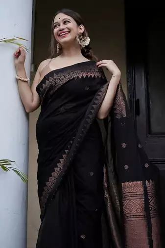 Black silk blend banarasi saree with unstitched blouse piece