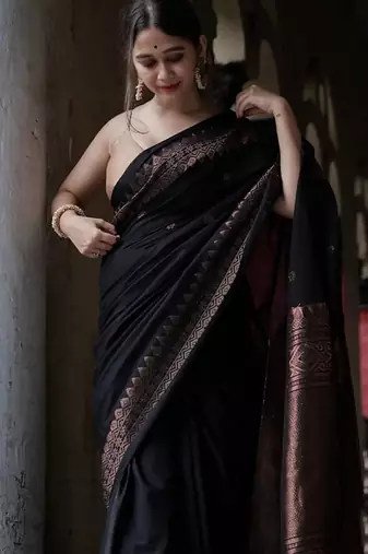 Black silk blend banarasi saree with unstitched blouse piece