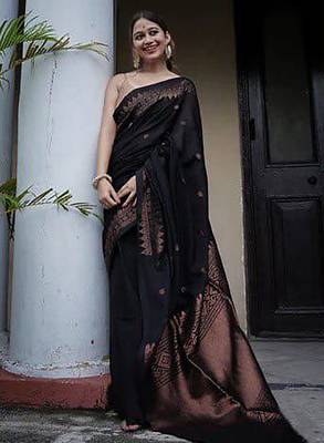 Black silk blend banarasi saree with unstitched blouse piece 1