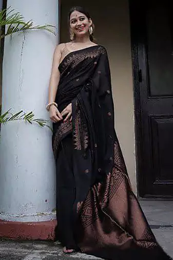 Black soft silk blend banarasi jacuard work designer party wear saree with unstitched blouse piece