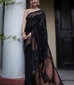 Black silk blend banarasi saree with unstitched blouse piece