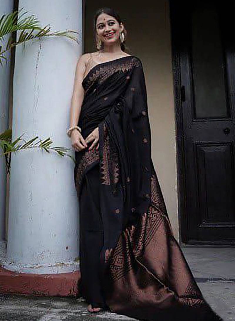 Black soft silk blend banarasi jacuard work designer party wear saree with unstitched blouse piece