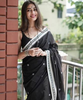 Black linen blend banarasi saree with unstitched blouse piece 2