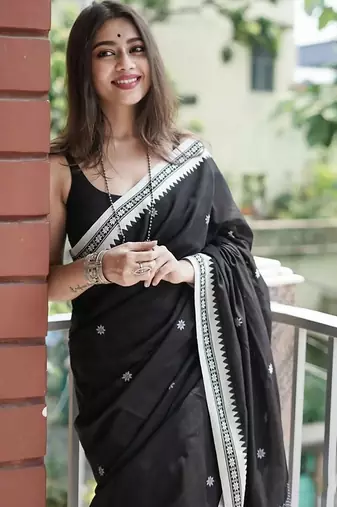 Black linen blend banarasi saree with unstitched blouse piece