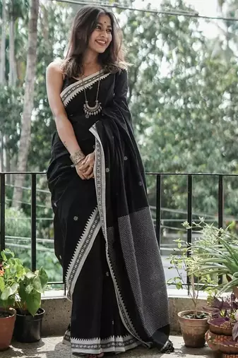 Black soft linen blend banarasi jacuard work designer party wear saree with unstitched blouse piece