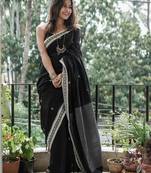 Black linen blend banarasi saree with unstitched blouse piece