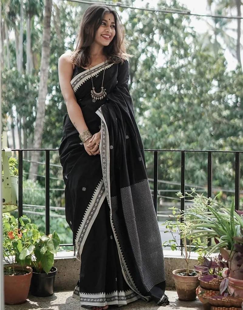 Black soft linen blend banarasi jacuard work designer party wear saree with unstitched blouse piece