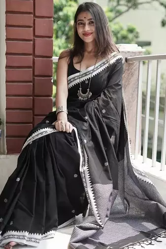 Black linen blend banarasi saree with unstitched blouse piece