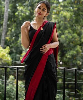 Black linen blend banarasi saree with unstitched blouse piece 1