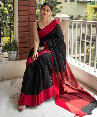 Black linen blend banarasi saree with unstitched blouse piece 2