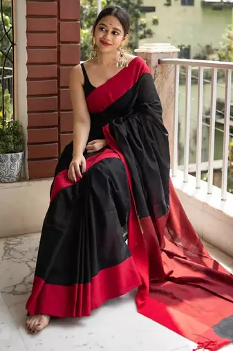 Black linen blend banarasi saree with unstitched blouse piece
