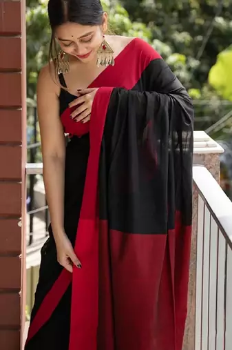 Black linen blend banarasi saree with unstitched blouse piece