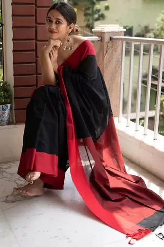 Black linen blend banarasi saree with unstitched blouse piece
