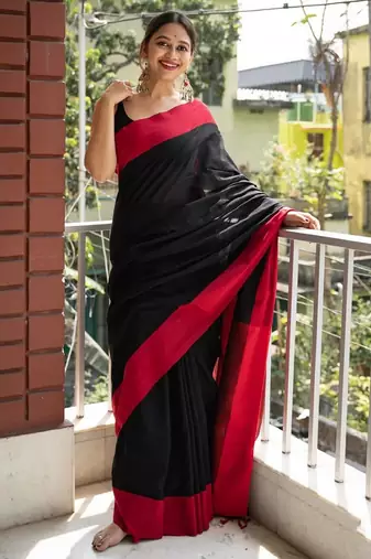 Black linen blend banarasi saree with unstitched blouse piece
