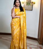 Yellow linen blend banarasi saree with unstitched blouse piece