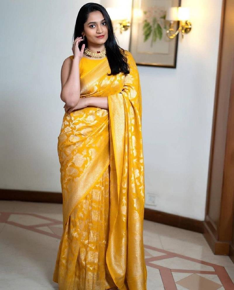 Yellow soft linen blend banarasi jacuard work designer party wear saree with unstitched blouse piece