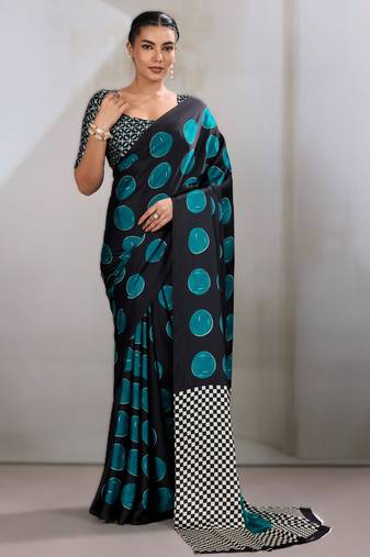 Printed ajrakh satin crepe saree – traditional art with a modern touch