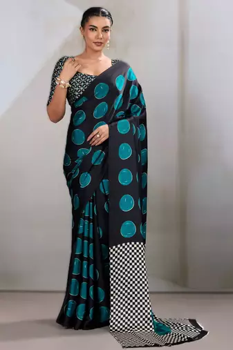 Printed ajrakh satin crepe saree – traditional art with a modern touch