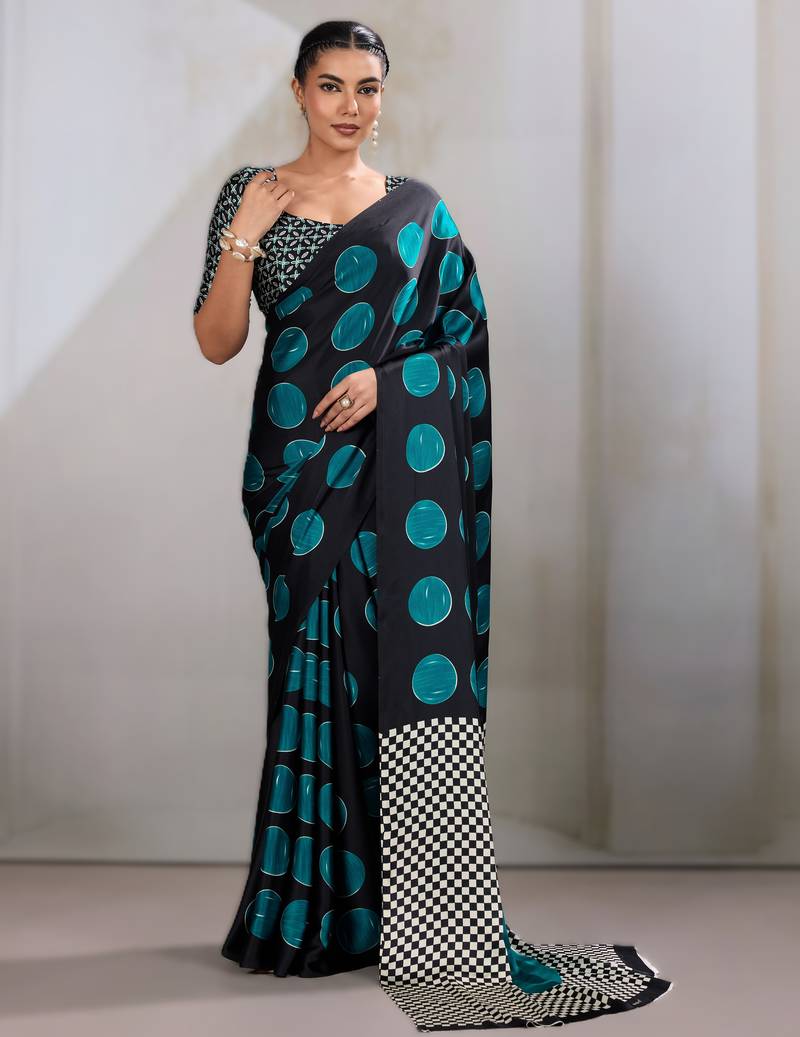 Printed ajrakh satin crepe saree – traditional art with a modern touch