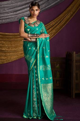 Pure satin handloom weaving silk saree with rich pallu & matching blouse